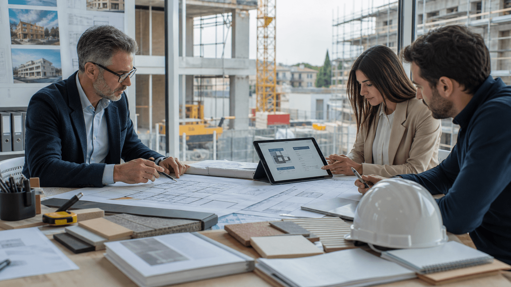 Ufficio tecnico con documenti di commessa, tablet e materiali edili