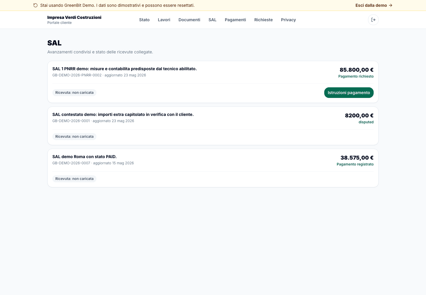 Screenshot GreenBit Portale Cliente