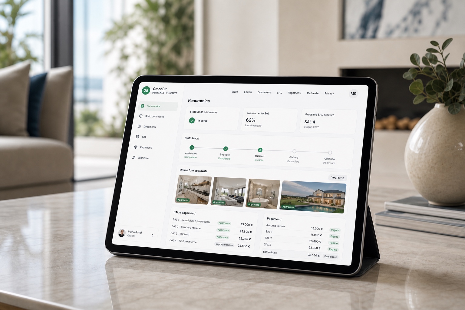 Portale Cliente GreenBit con avanzamento e documenti condivisi