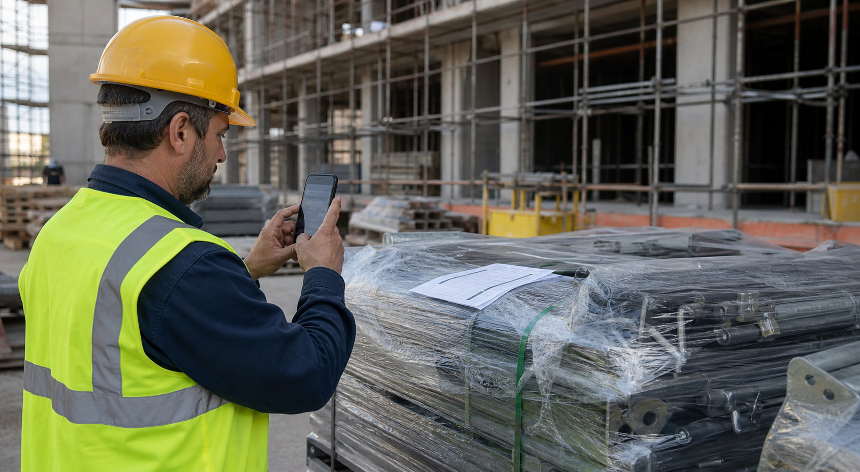 Operatore in cantiere che raccoglie foto, DDT e rapportini