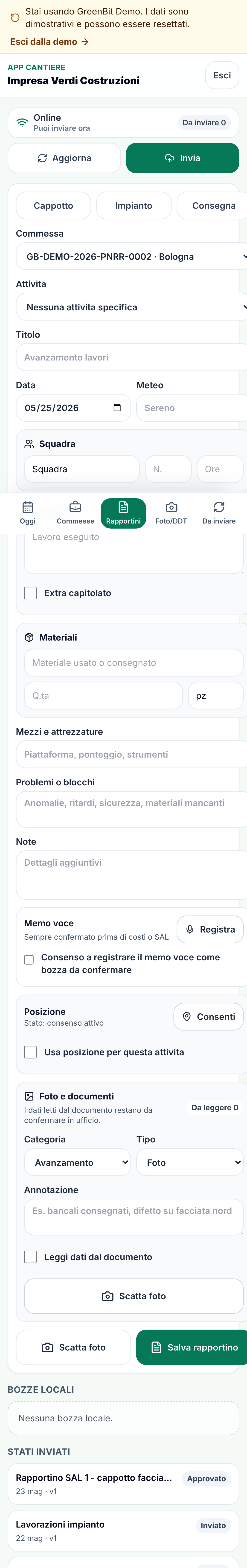 Schermata mobile GreenBit Field PWA per tecnici
