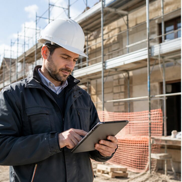 Tecnico in cantiere che usa un dispositivo mobile